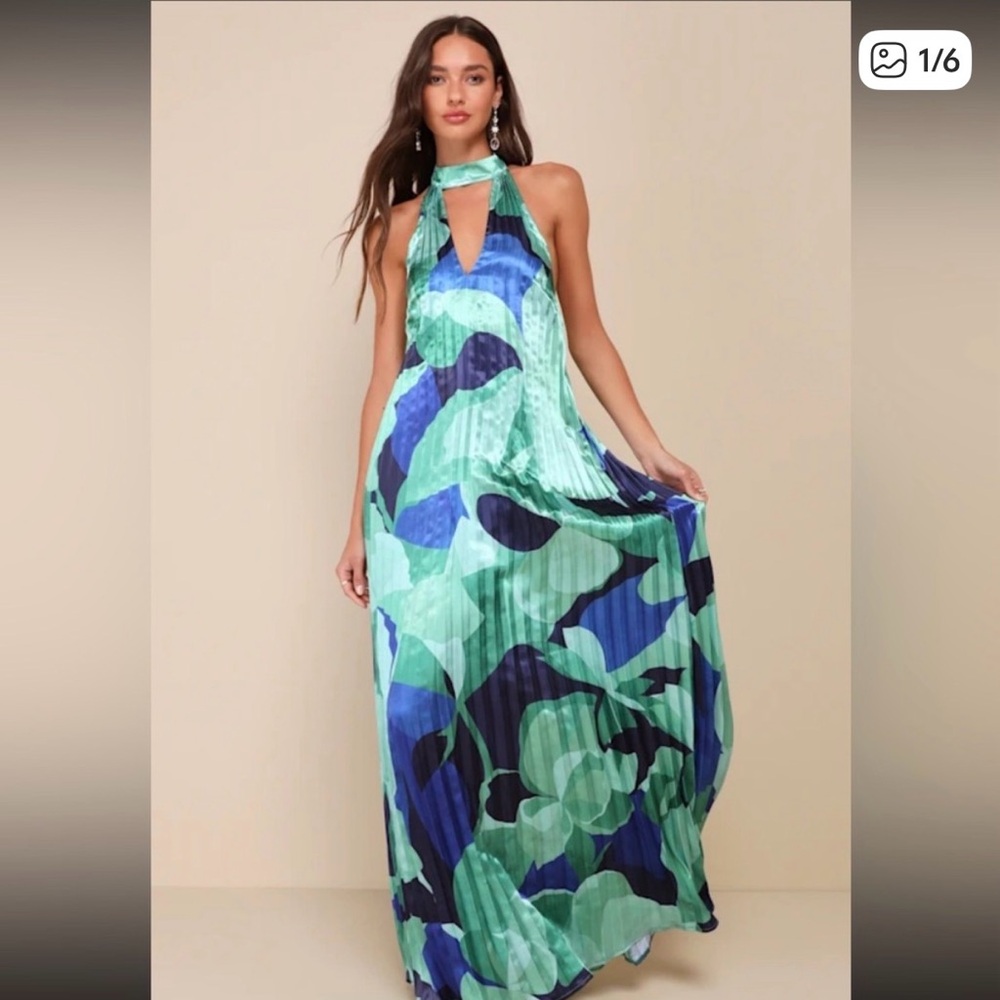 Lulus Prime Poise Green and Blue Abstract Satin Halter Maxi Dress